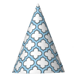 White and Baby Blue Trellis, Lattice, Quatrefoil Party Hat