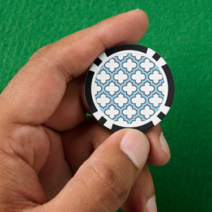 White and Baby Blue Trellis, Lattice, Quatrefoil Poker Chips