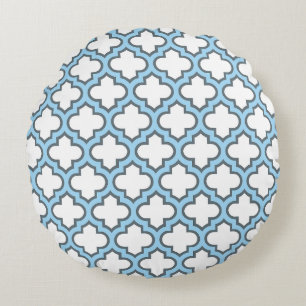White and Baby Blue Trellis, Lattice, Quatrefoil Round Cushion