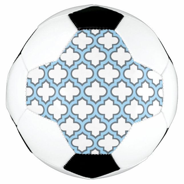 White and Baby Blue Trellis, Lattice, Quatrefoil Soccer Ball (Front)