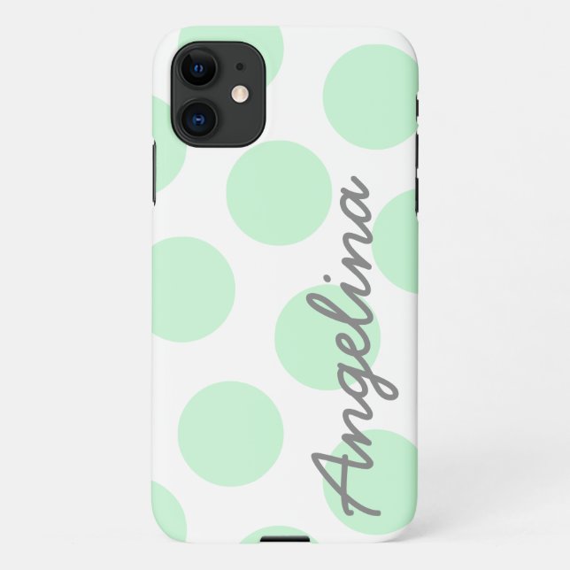 White and Big Pastel Mint Green Polka Dot Pattern iPhone Case (Back)