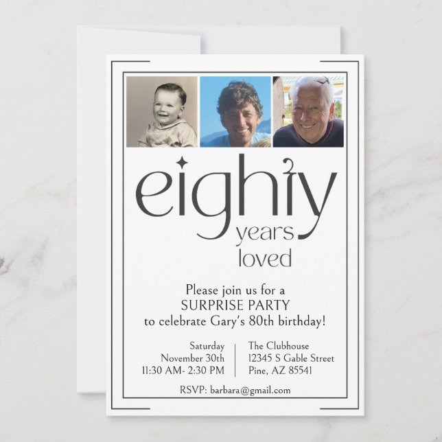 White and Black 80th Birthday Party Invitation (Front)