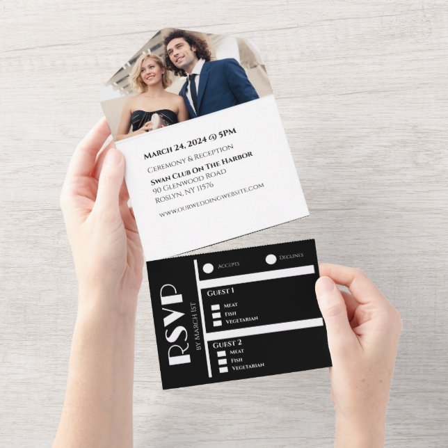White and Black Affair-Wedding Rings-Photo- All In One Invitation (Tearaway)