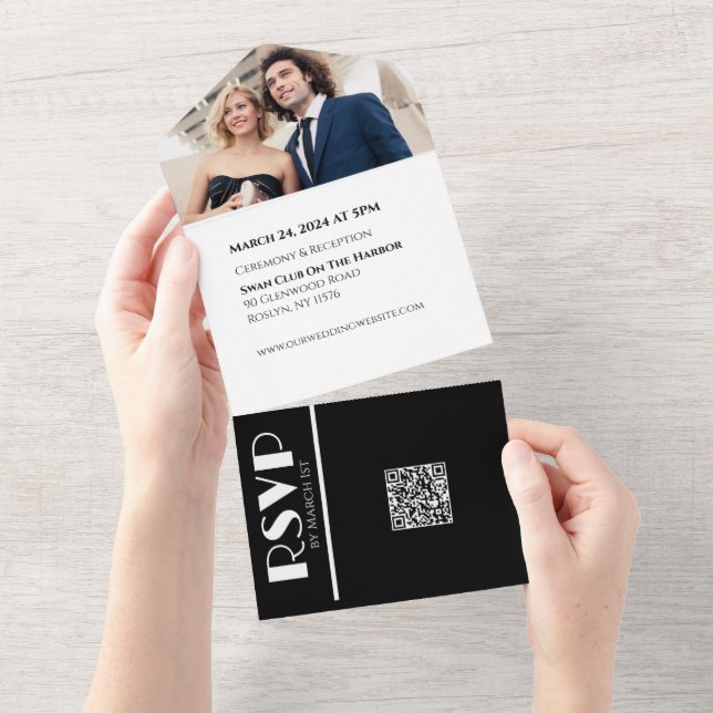 White and Black Affair-Wedding Rings-Photo All In One Invitation (Tearaway)