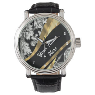 White and black and gold floral damask pattern watch