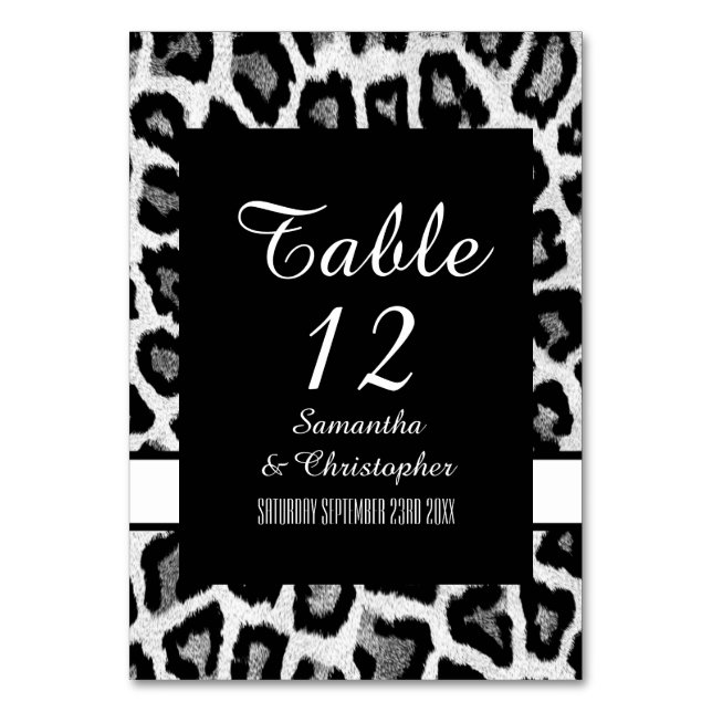 White and black animal print table number (Front)