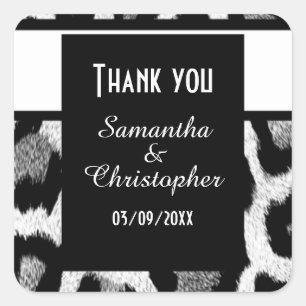 White and black animal print thank you square sticker