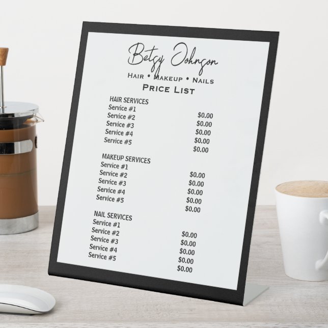 White and Black Beauty Salon Price List Pedestal Sign (In SItu)