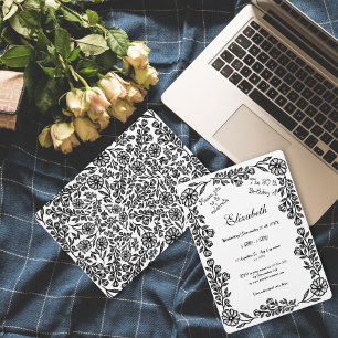 White and Black Botanical Floral 30th Birthday Invitation