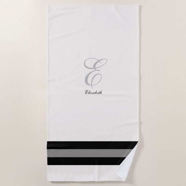 White and black bridesmaid customisable initial be beach towel (Front)