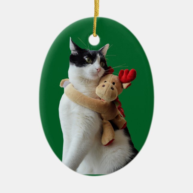 White and Black Cat & Reindeer Christmas Toy Ceramic Tree Decoration (Front)