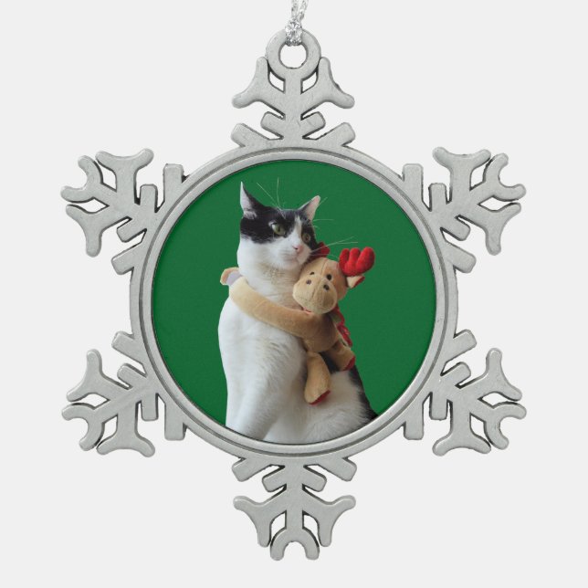White and Black Cat & Reindeer Christmas Toy Snowflake Pewter Christmas Ornament (Front)