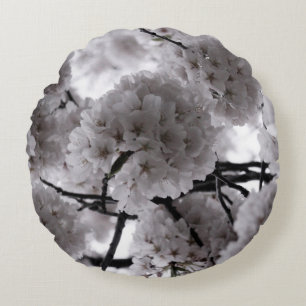 White and Black Cherry Blossoms Round Cushion