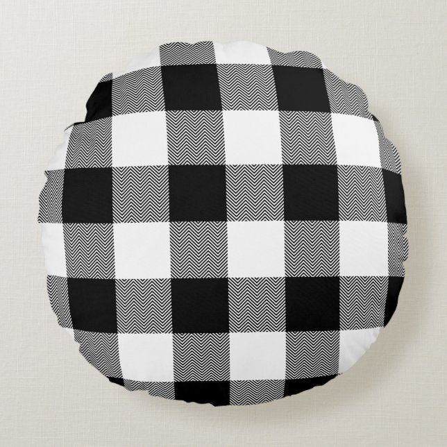 White and Black Chevron Buffalo Plaid Round Cushion (Front)