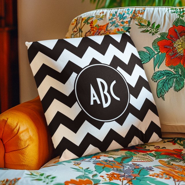 White and Black Chevron Monogram Cushion (White and Black Chevron Monogram Throw Pillow)
