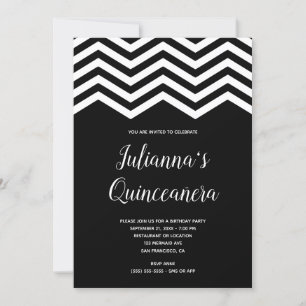 White and Black Chevron Trim Quinceañera Birthday Invitation