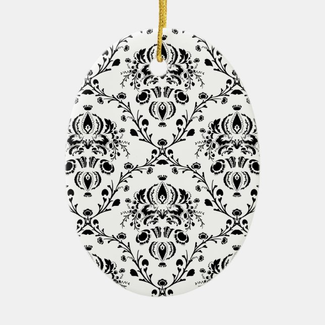 White and Black Damask Ceramic Tree Decoration (Front)
