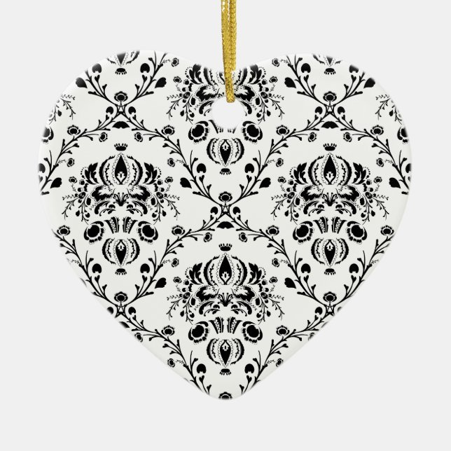 White and Black Damask Ceramic Tree Decoration (Front)