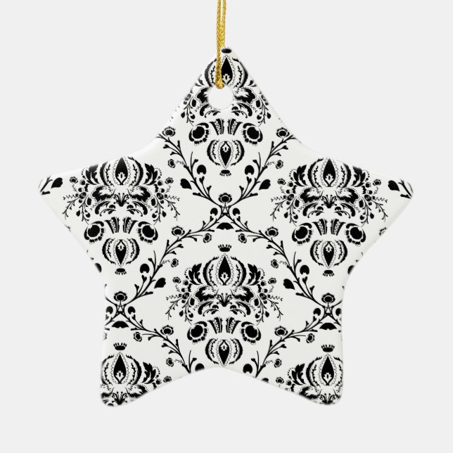 White and Black Damask Ceramic Tree Decoration (Front)