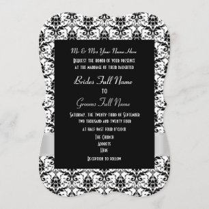 White and black damask formal wedding invitation