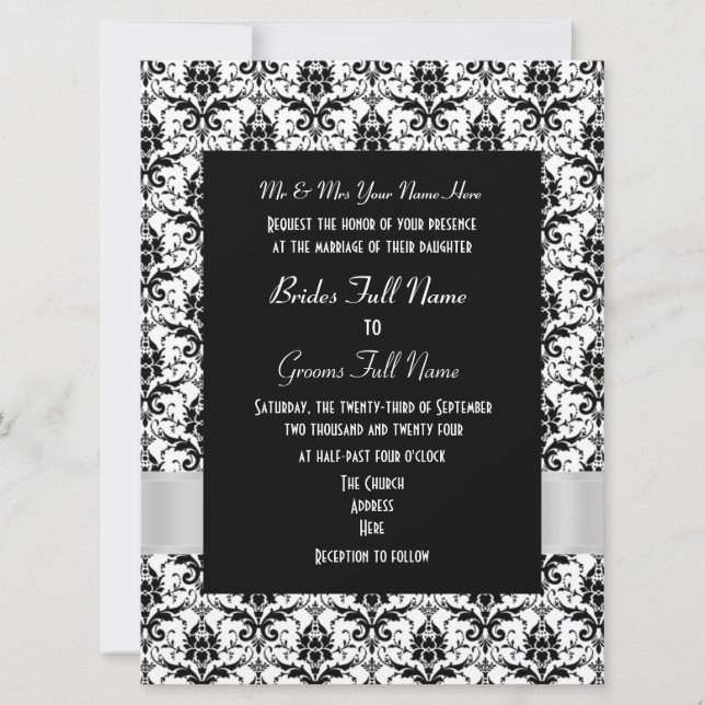 White and black damask formal wedding invitation (Front)