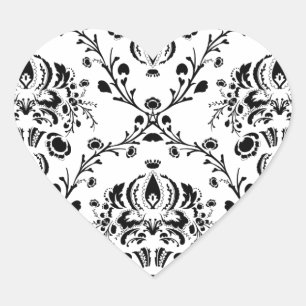 White and Black Damask Heart Sticker
