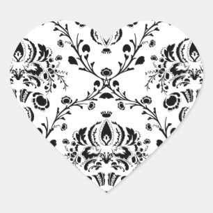 White and Black Damask Heart Sticker
