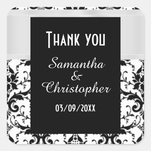 White and black damask thank you square sticker (Front)