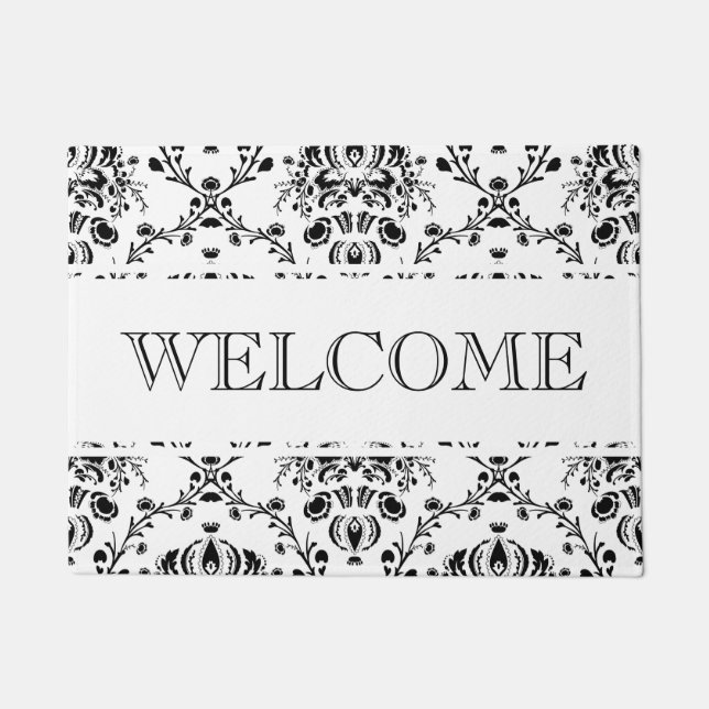 White and Black Damask Welcome Doormat (Front)