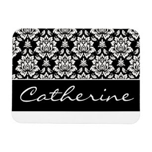 White and Black Damask with Customisable Name Magnet