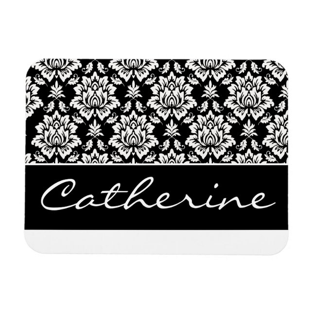 White and Black Damask with Customisable Name Magnet (Horizontal)