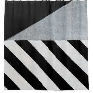 White and black diagonal striped paint on wall shower curtain