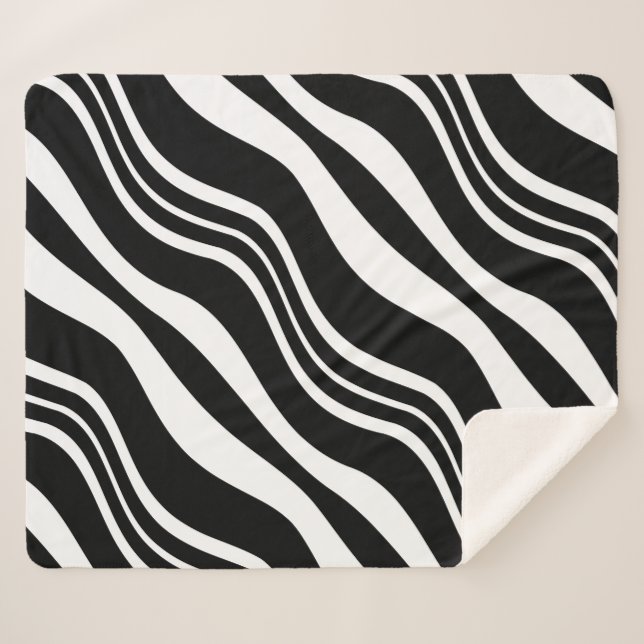 White and Black Diagonal Wavy Lines Pattern Sherpa Blanket (Front (Horizontal))