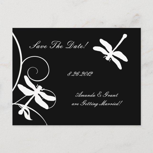 White and Black Dragonfly Save The Date Announcement Postcard (Front)