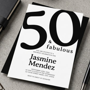 White And Black Elegant 50 & Fabulous Birthday Invitation