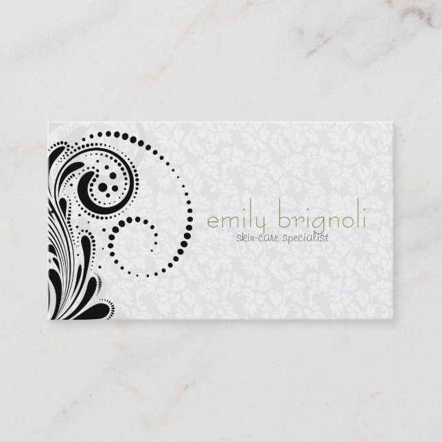 White And Black Elegant Floral Swirl Business Card (Front)