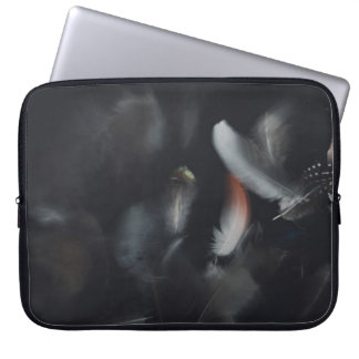 WHITE AND BLACK FEATHER ON BLACK BACKGROUND LAPTOP SLEEVE