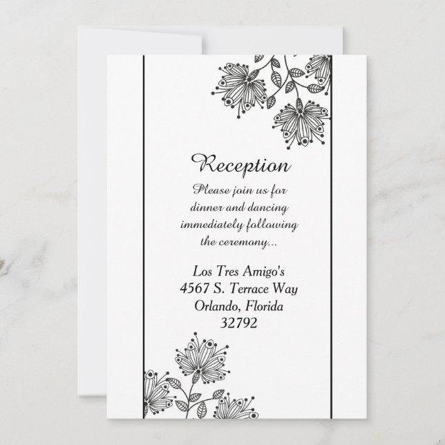 White and Black Floral 3.5x7 Reception Card (Front)