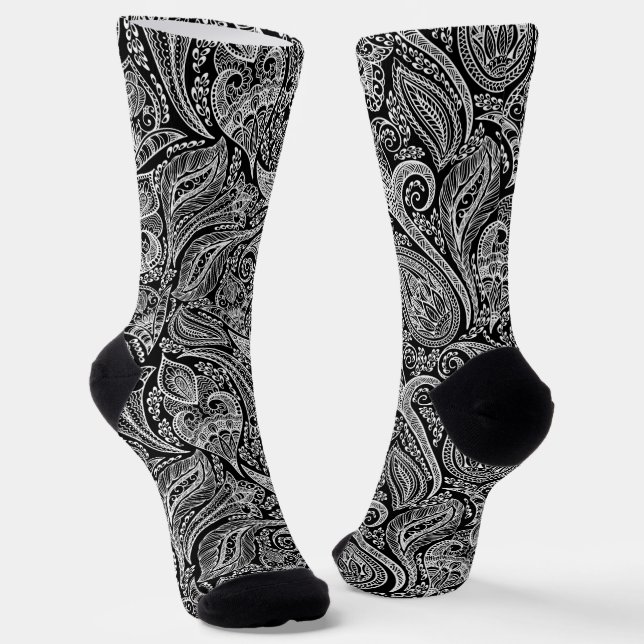 White and black floral paisley pattern socks (Angled)