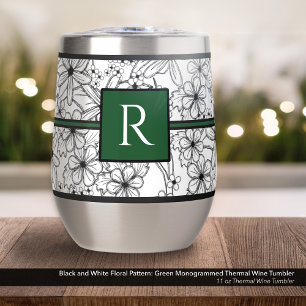 White and Black Floral Pattern: Green Monogrammed