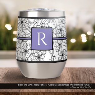 White and Black Floral Pattern: Purple Monogrammed