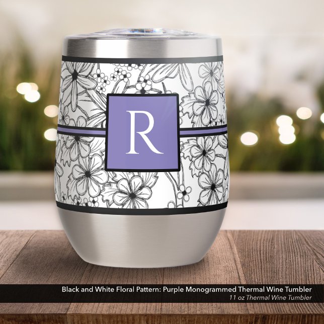 White and Black Floral Pattern: Purple Monogrammed (Black and White Floral Pattern on an 11 oz Thermal Wine Tumbler with Monogram in Purple/Lavender)