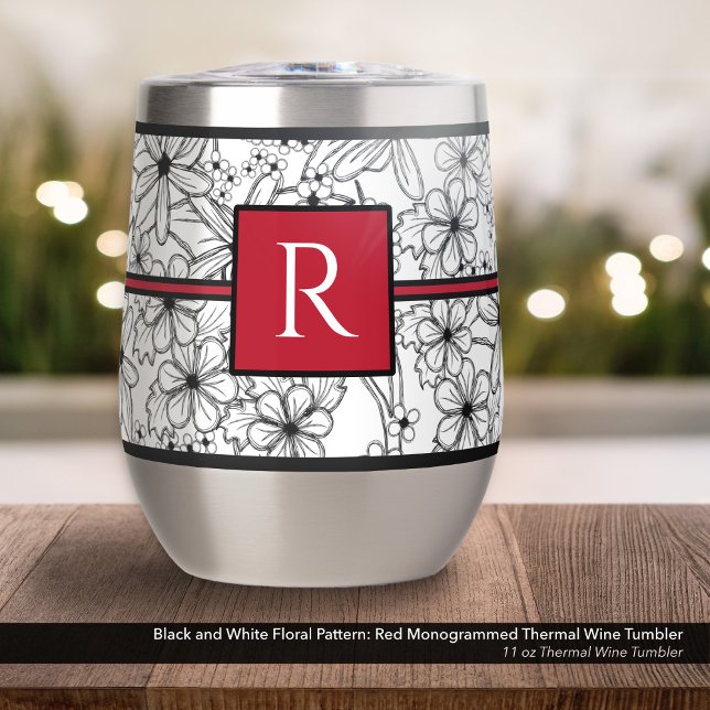 White and Black Floral Pattern: Red Monogrammed (Black and White Floral Pattern on an 11 oz Thermal Wine Tumbler with Monogram in Red)