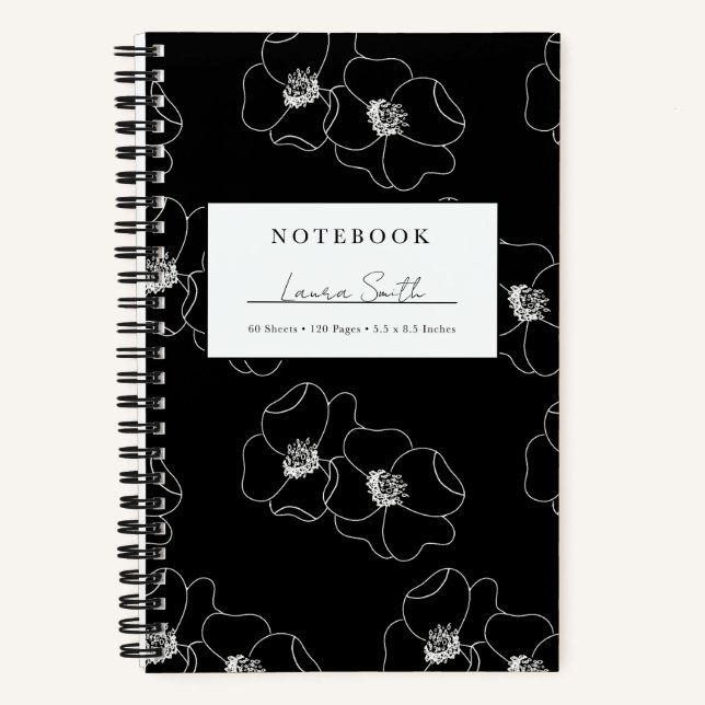 White And Black Floral Personalised Notebook (Front)