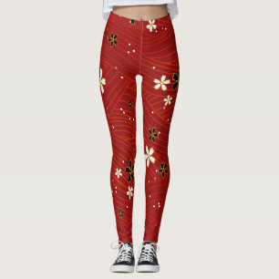 white and black flowers red leggings