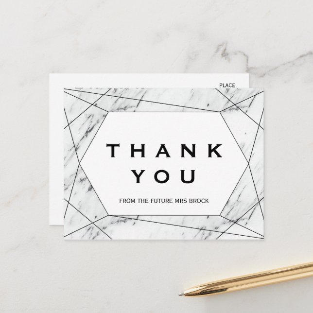 White and Black Geometric Marble Thank You Postcard (Front/Back In Situ)