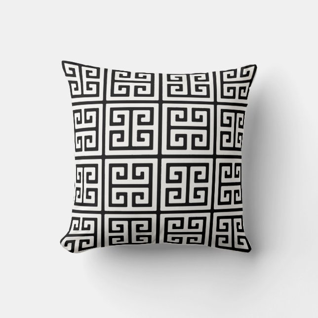 White and Black Greek Key Pattern Throw Pillow (Front)