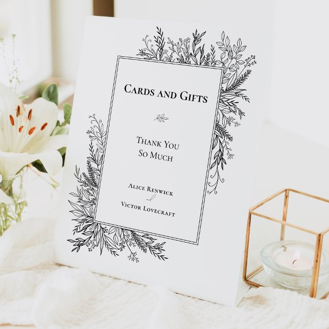 White and Black Greenery Wedding Cards and Gifts Pedestal Sign (Creator Uploaded)
