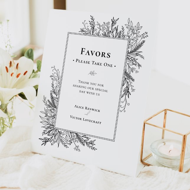 White and Black Greenery Wedding Favours Pedestal Sign (Creator Uploaded)