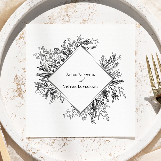 White and Black Greenery Wedding Napkin (Creator Uploaded)